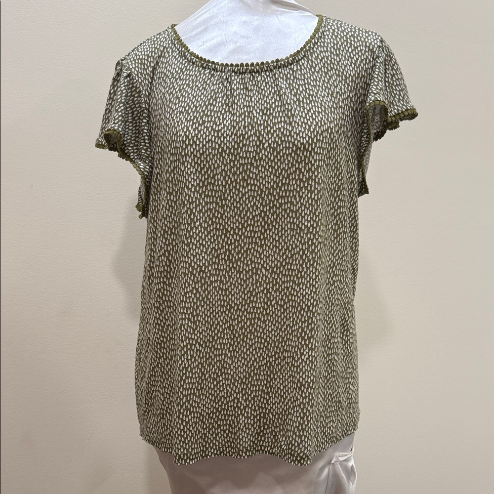 *LOFT 100% Linen Olive & White Patterned Top (sz L)